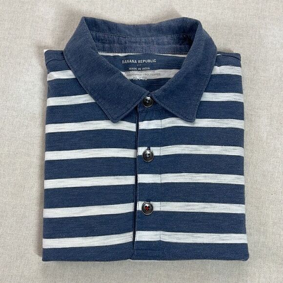 Banana Republic Polo Shirt Mens Extra Large XL‎ Blue Striped Short Sleeve Shirt - Picture 1 of 9